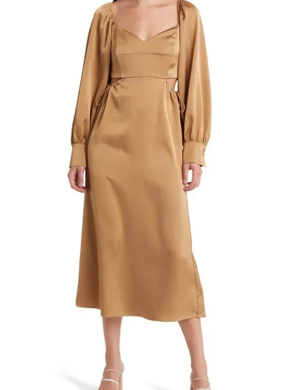 Moon River Cutout Long Sleeve Satin Midi Dress Brown Gold Size Small